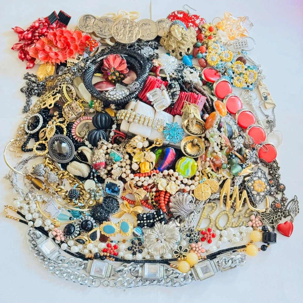 VTG To Now Rhinestone Colorful Junk Costume Jewelry Lot Craft Arts As Is 4.3lbs
